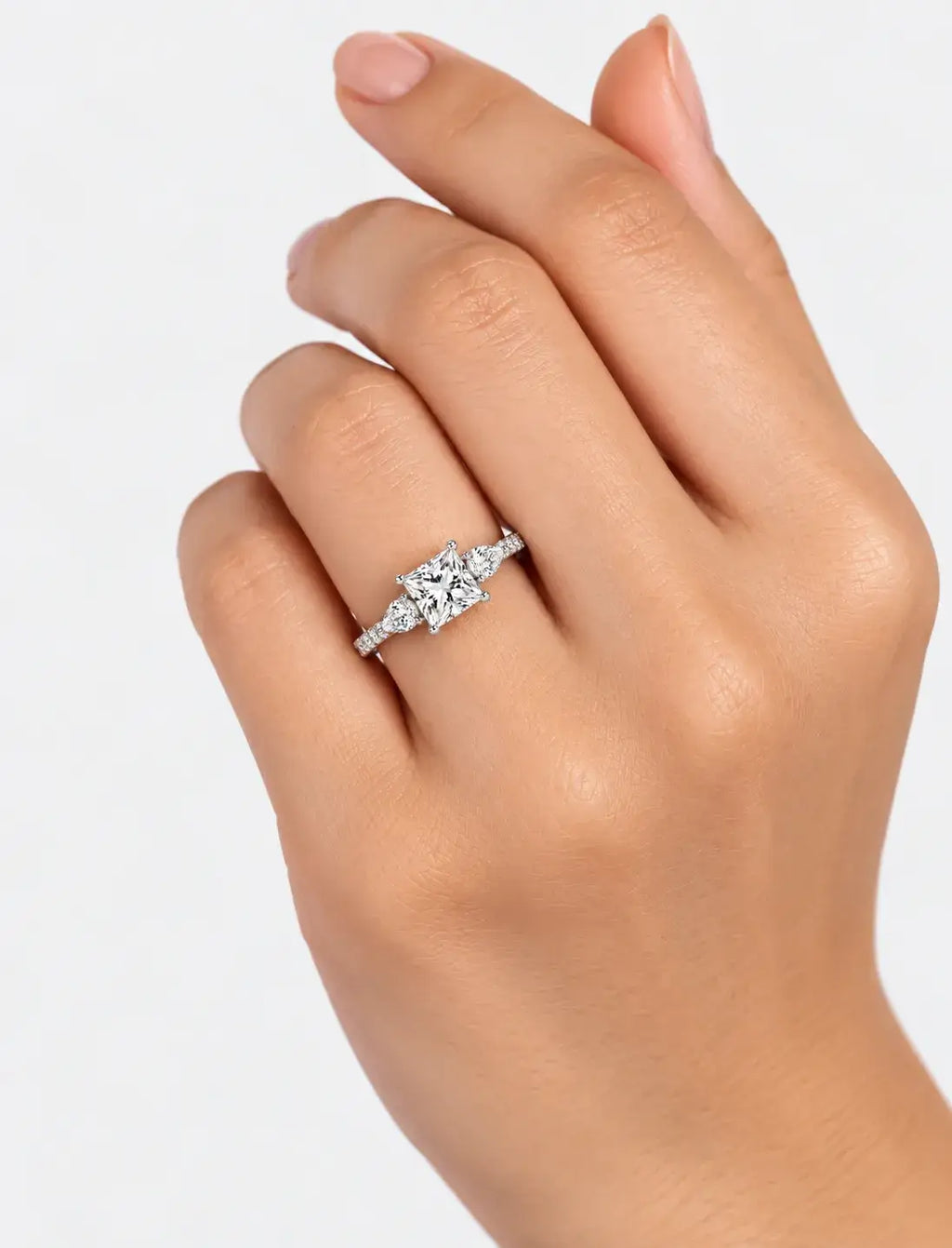 Lab Grown IGI Certified Princess-Cut Three-Stone Engagement Ring with Pear-Cut Side Accents and Pavé Band in Gold & Platinum