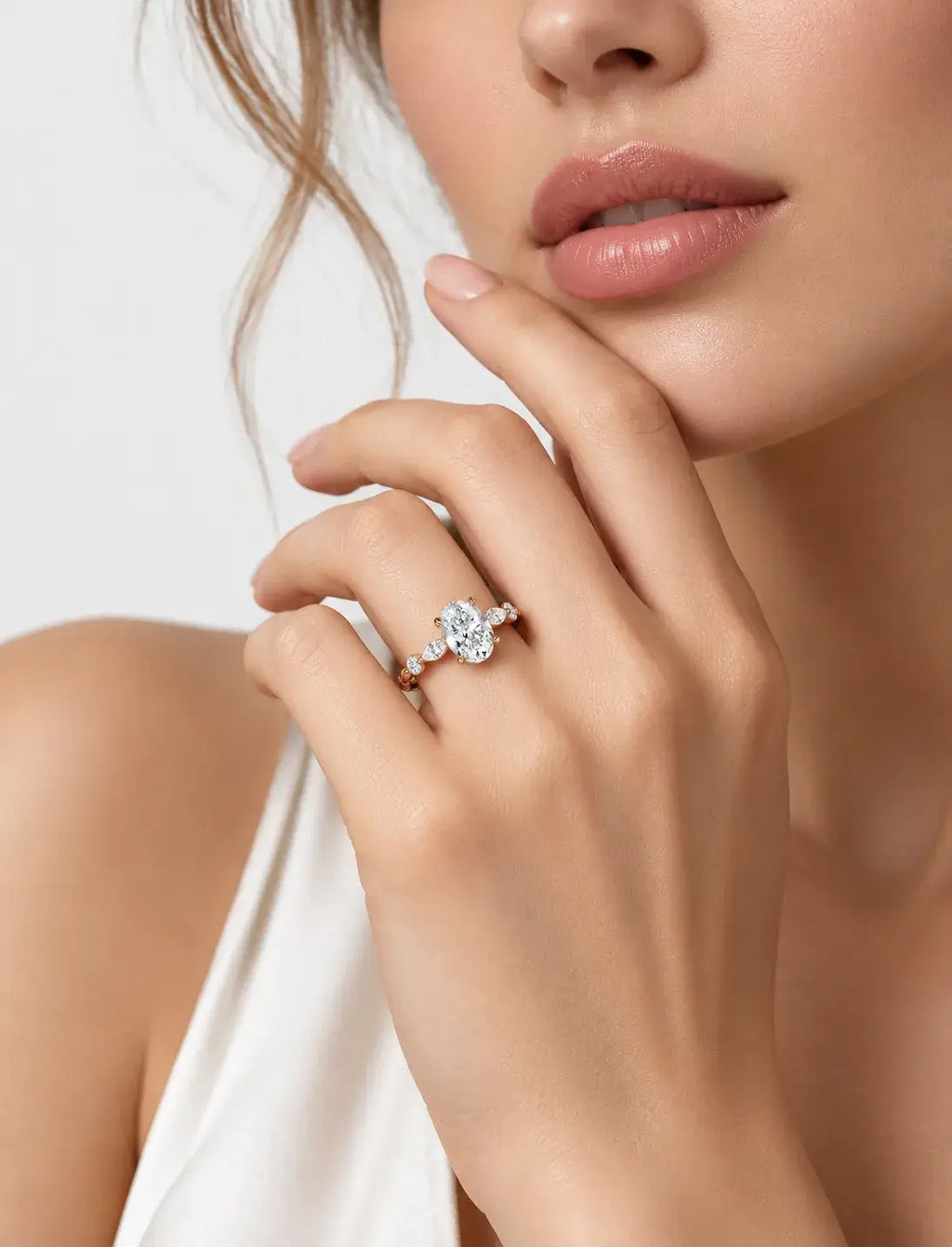 IGI Certified Lab Grown Versailles-Inspired Oval Solitaire Ring with Marquise & Round Diamond Side Stones in Gold & Platinum