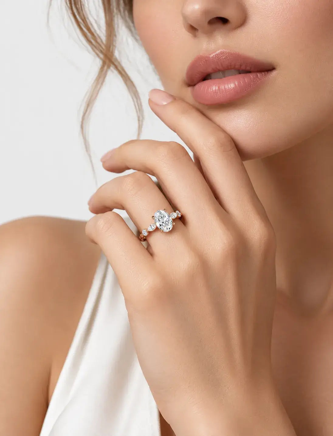 IGI Certified Lab Grown Versailles-Inspired Oval Solitaire Ring with Marquise & Round Diamond Side Stones in Gold & Platinum