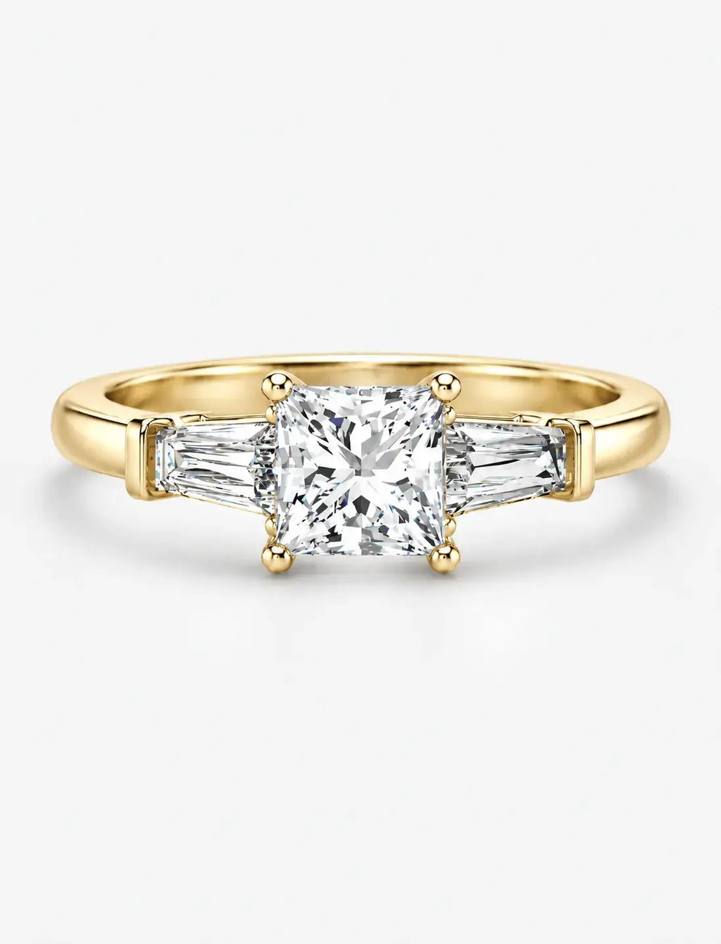 Lab Grown IGI Certified Princess-Cut Trilogy Engagement Ring with Tapered Baguette Sides in Gold & Platinum