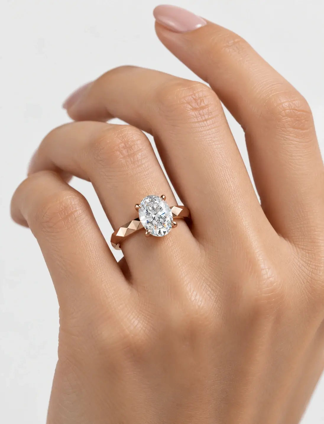 IGI Certified Lab Grown Oval Diamond Geometric Faceted Solitaire Engagement Ring in Gold & Platinum
