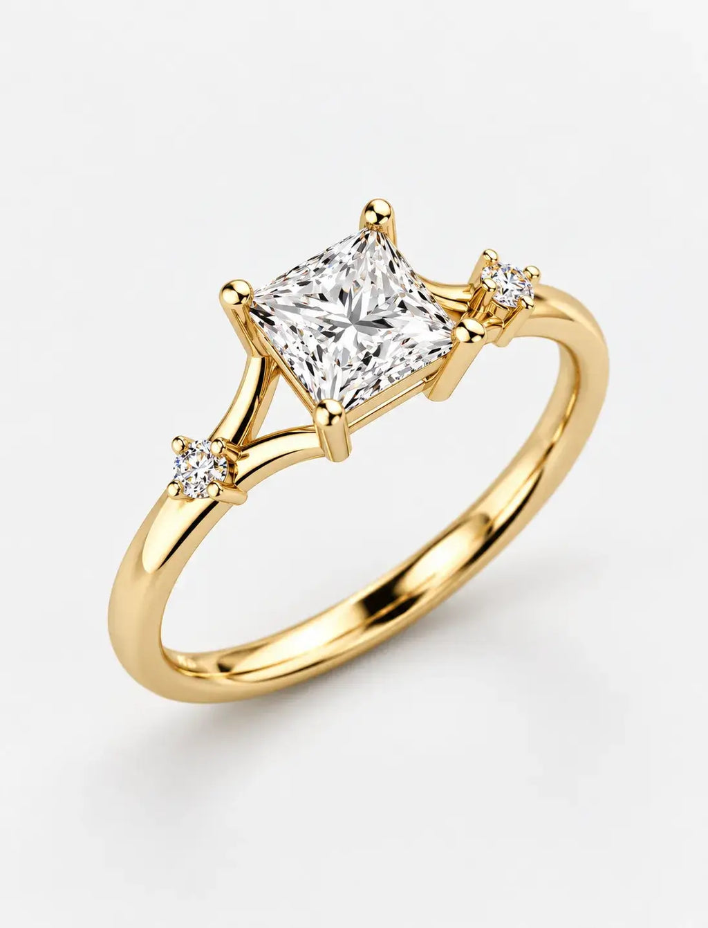 Lab Grown IGI Certified Kite-Set Princess-Cut Split-Shank Three-Stone Engagement Ring in Gold & Platinum