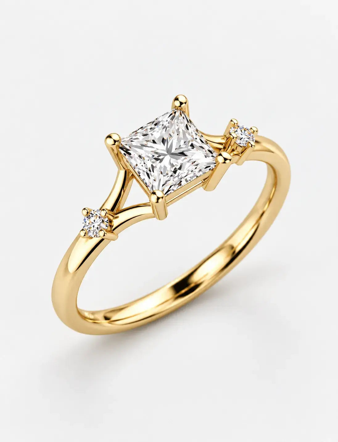 Lab Grown IGI Certified Kite-Set Princess-Cut Split-Shank Three-Stone Engagement Ring in Gold & Platinum