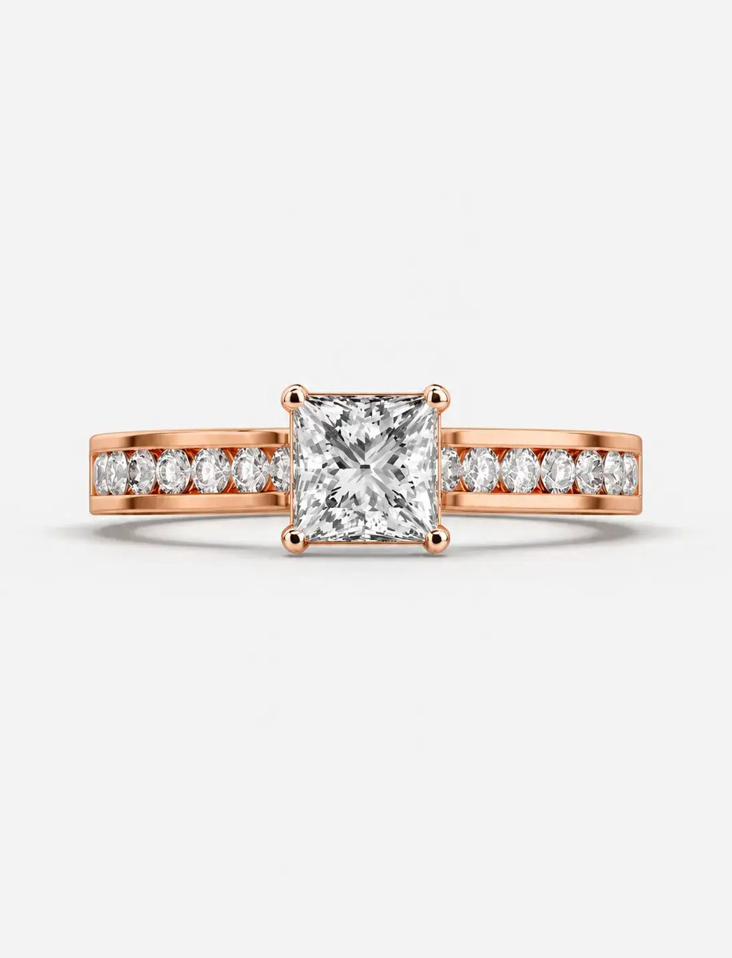 Lab Grown IGI Certified Classic Empress Princess-Cut Diamond Engagement Ring with Channel-Set Round Side Diamonds in Gold & Platinum