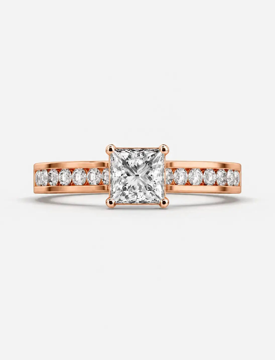 Lab Grown IGI Certified Classic Empress Princess-Cut Diamond Engagement Ring with Channel-Set Round Side Diamonds in Gold & Platinum