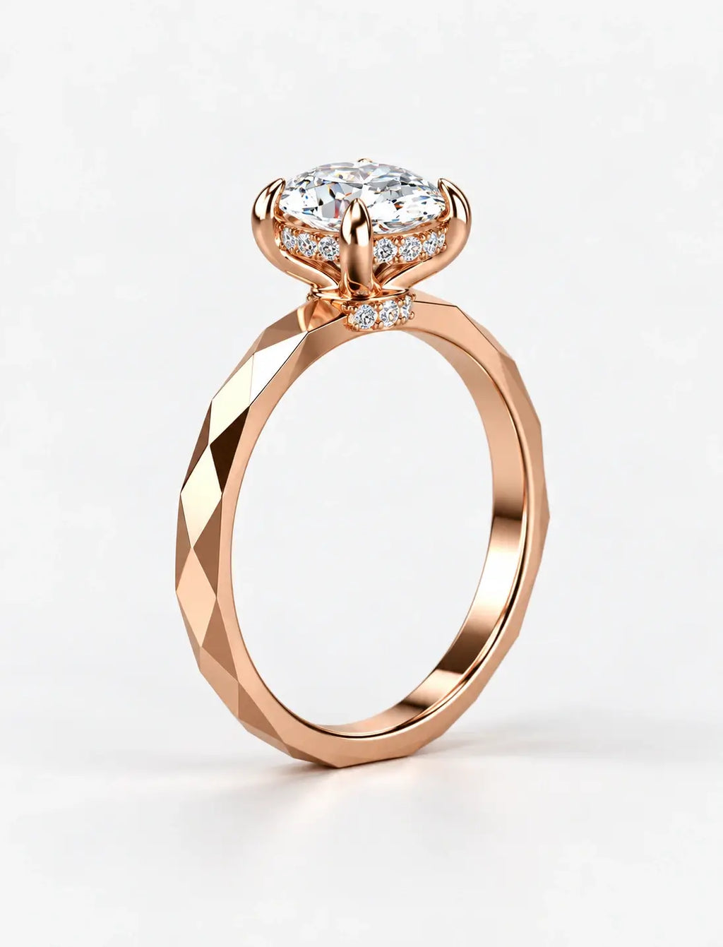 IGI Certified Lab Grown Oval Diamond Geometric Faceted Solitaire Engagement Ring in Gold & Platinum