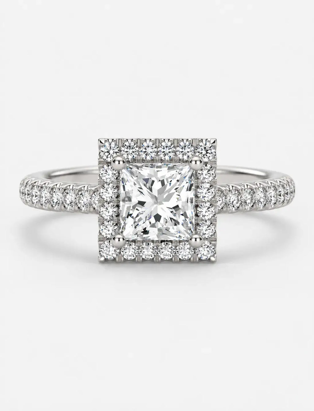 Lab Grown IGI Certified Princess-Cut Diamond Square Halo Engagement Ring with Round Pavé Diamonds in Gold & Platinum
