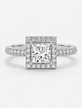 Lab Grown IGI Certified Princess-Cut Diamond Square Halo Engagement Ring with Round Pavé Diamonds in Gold & Platinum