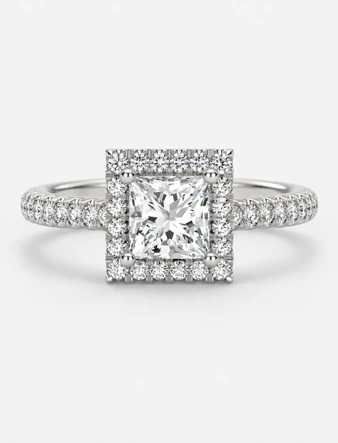 Lab Grown IGI Certified Princess-Cut Diamond Square Halo Engagement Ring with Round Pavé Diamonds in Gold & Platinum