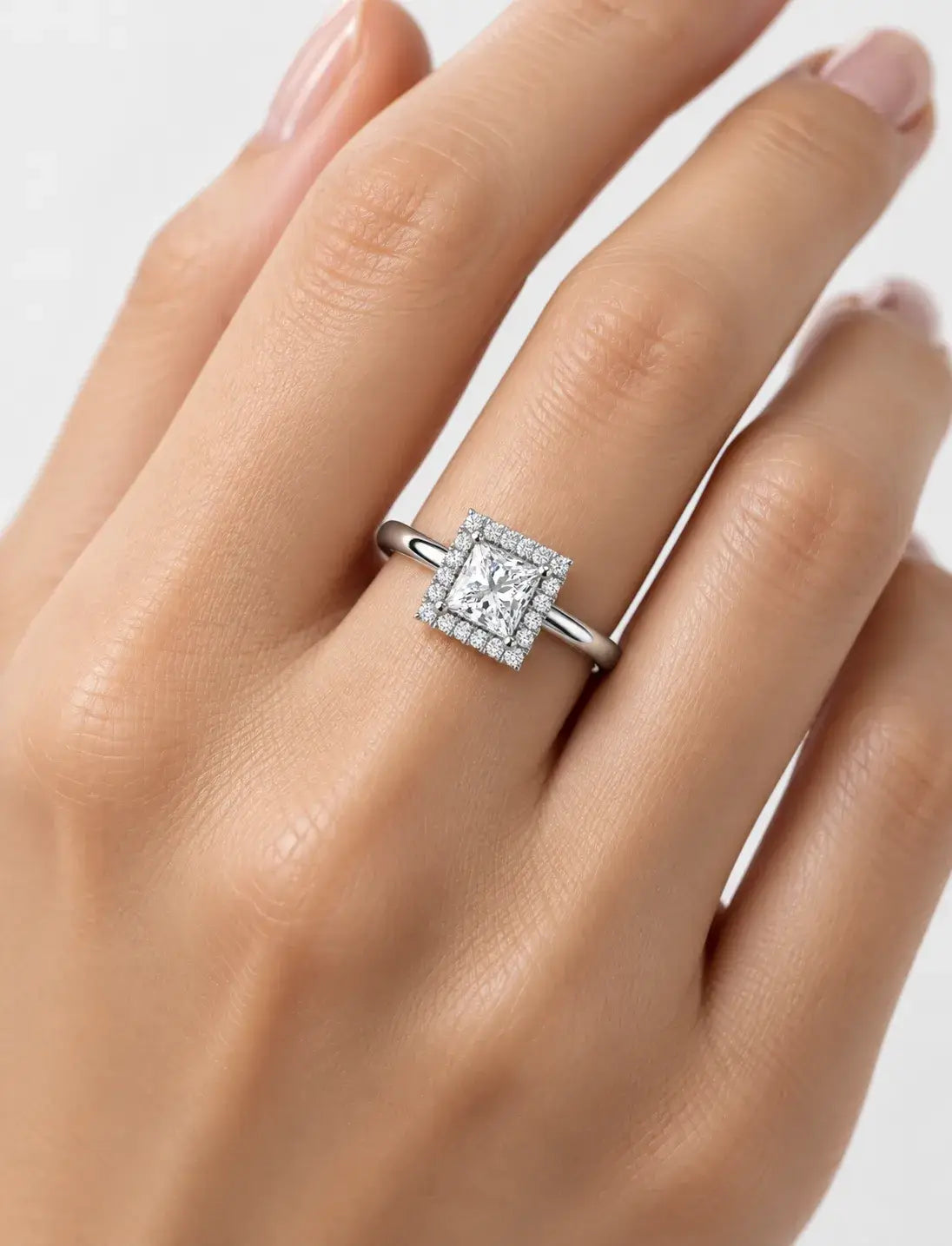 Lab-Grown IGI-Certified Princess-Cut Solitaire Engagement Ring with Square Diamond Halo in Gold & Platinum