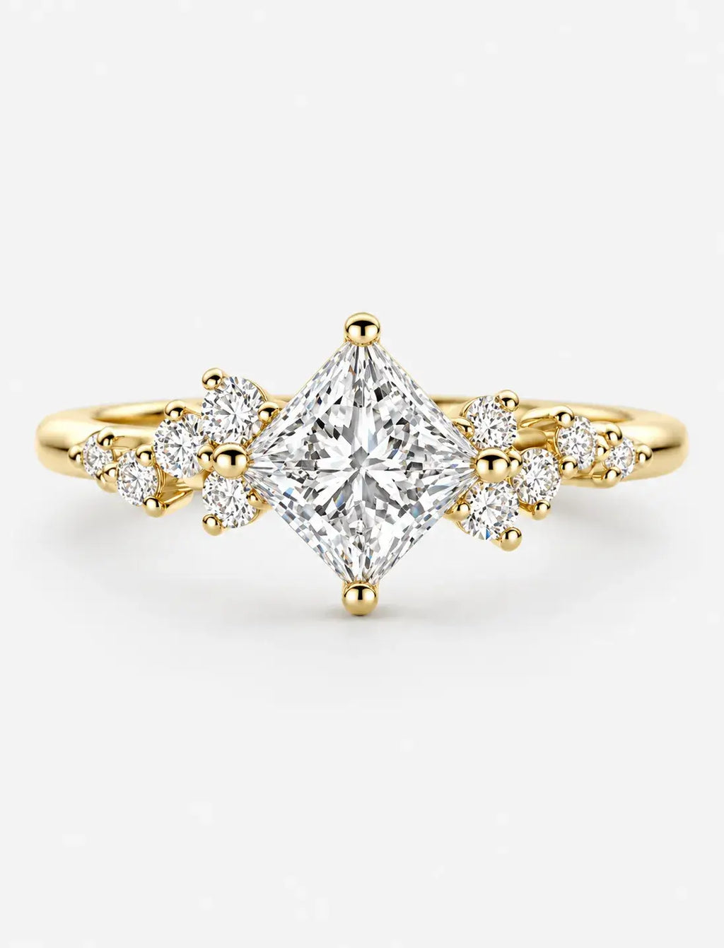 Lab Grown IGI Certified Compass-Set Princess-Cut Diamond Engagement Ring with Asymmetrical Cluster Accents in Gold & Platinum