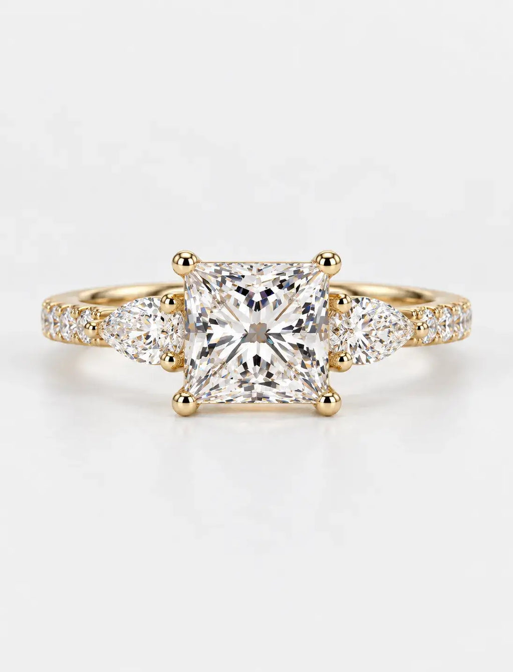 Lab Grown IGI Certified Princess-Cut Three-Stone Engagement Ring with Pear-Cut Side Accents and Pavé Band in Gold & Platinum