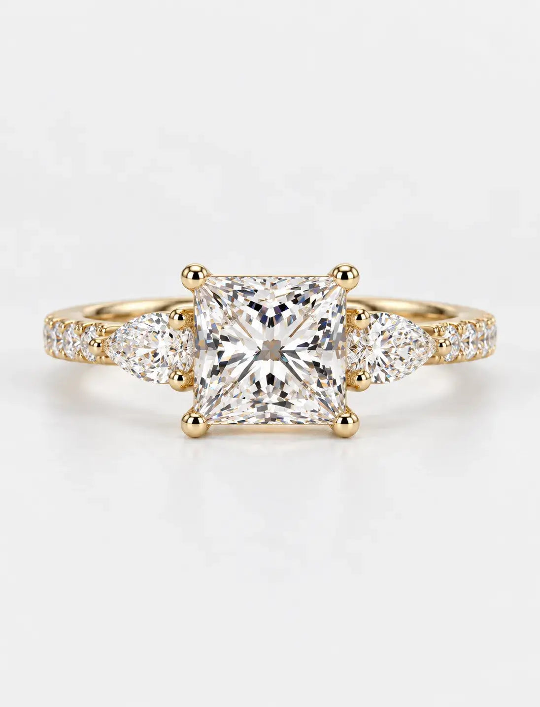 Lab Grown IGI Certified Princess-Cut Three-Stone Engagement Ring with Pear-Cut Side Accents and Pavé Band in Gold & Platinum
