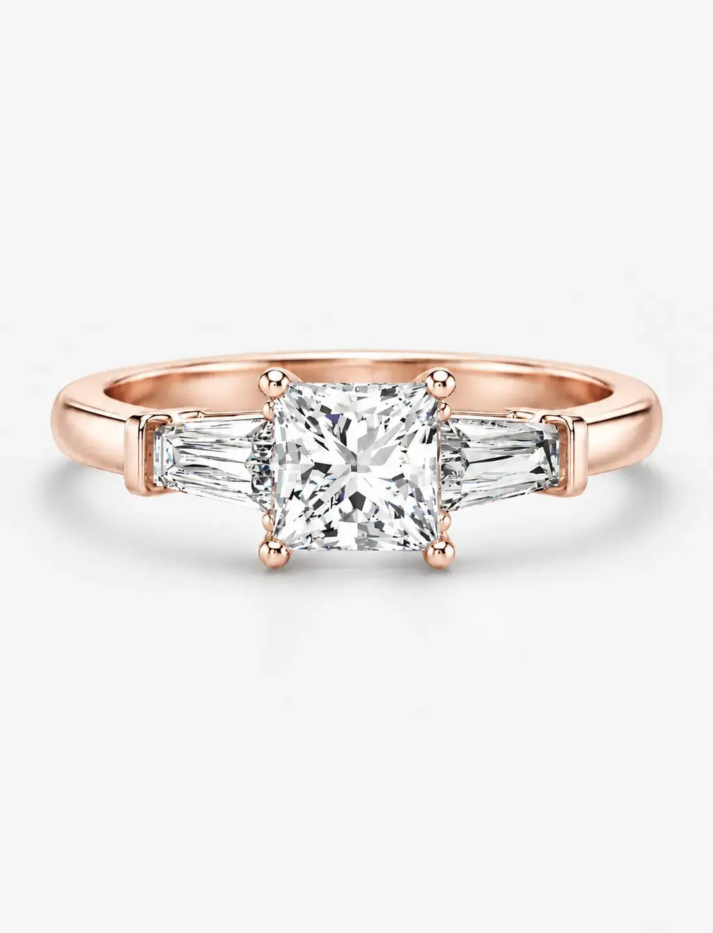Lab Grown IGI Certified Princess-Cut Trilogy Engagement Ring with Tapered Baguette Sides in Gold & Platinum