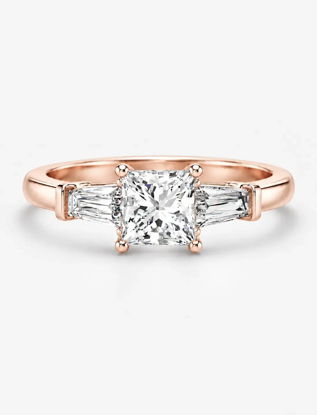 Lab Grown IGI Certified Princess-Cut Trilogy Engagement Ring with Tapered Baguette Sides in Gold & Platinum