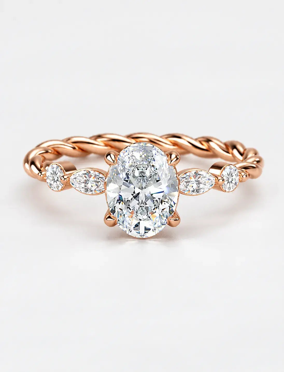 IGI Certified Lab Grown Versailles-Inspired Oval Solitaire Ring with Marquise & Round Diamond Side Stones in Gold & Platinum