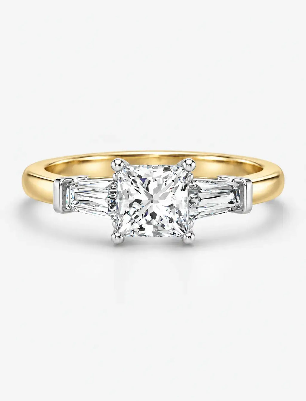Lab Grown IGI Certified Princess-Cut Trilogy Engagement Ring with Tapered Baguette Sides in Gold & Platinum