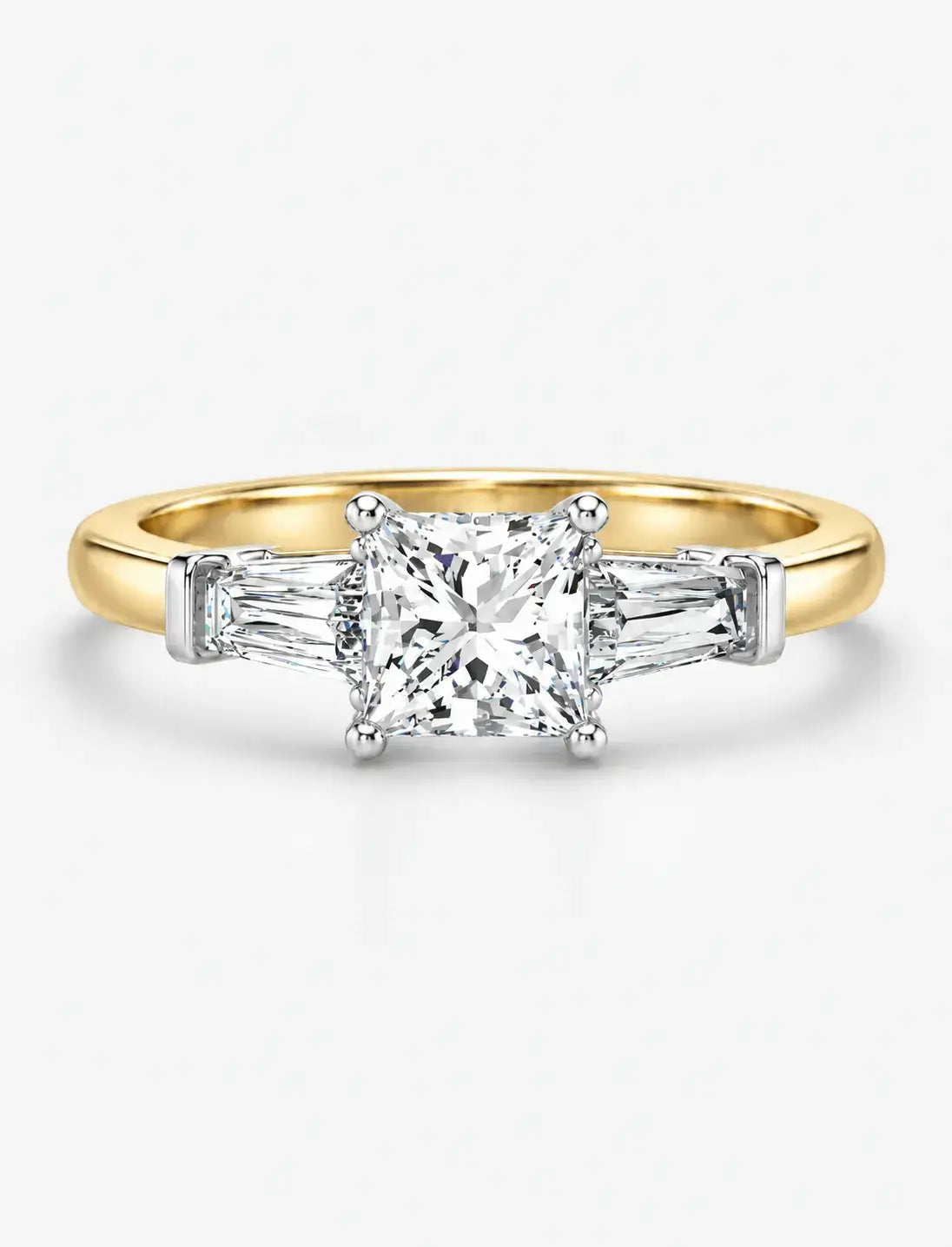 Lab Grown IGI Certified Princess-Cut Trilogy Engagement Ring with Tapered Baguette Sides in Gold & Platinum