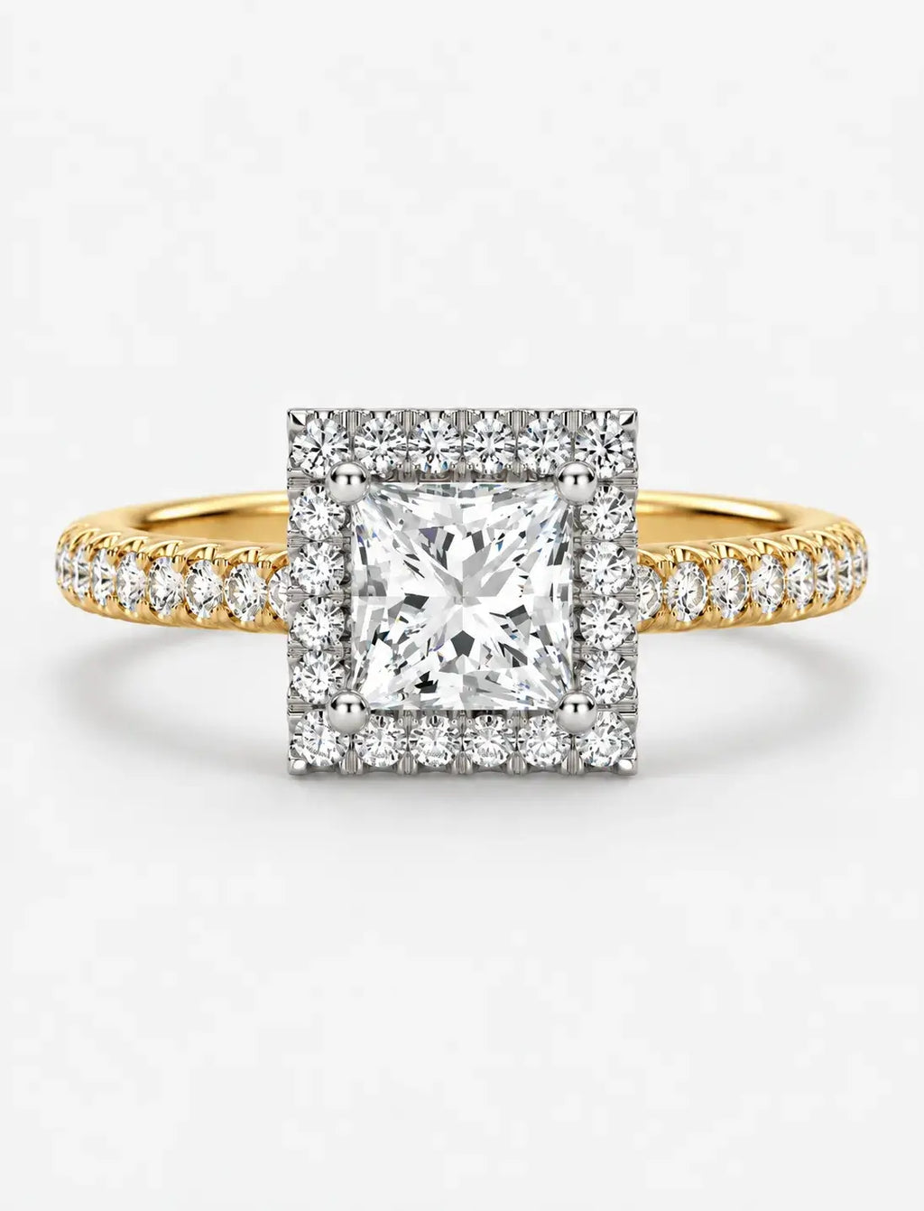 Lab Grown IGI Certified Princess-Cut Diamond Square Halo Engagement Ring with Round Pavé Diamonds in Gold & Platinum