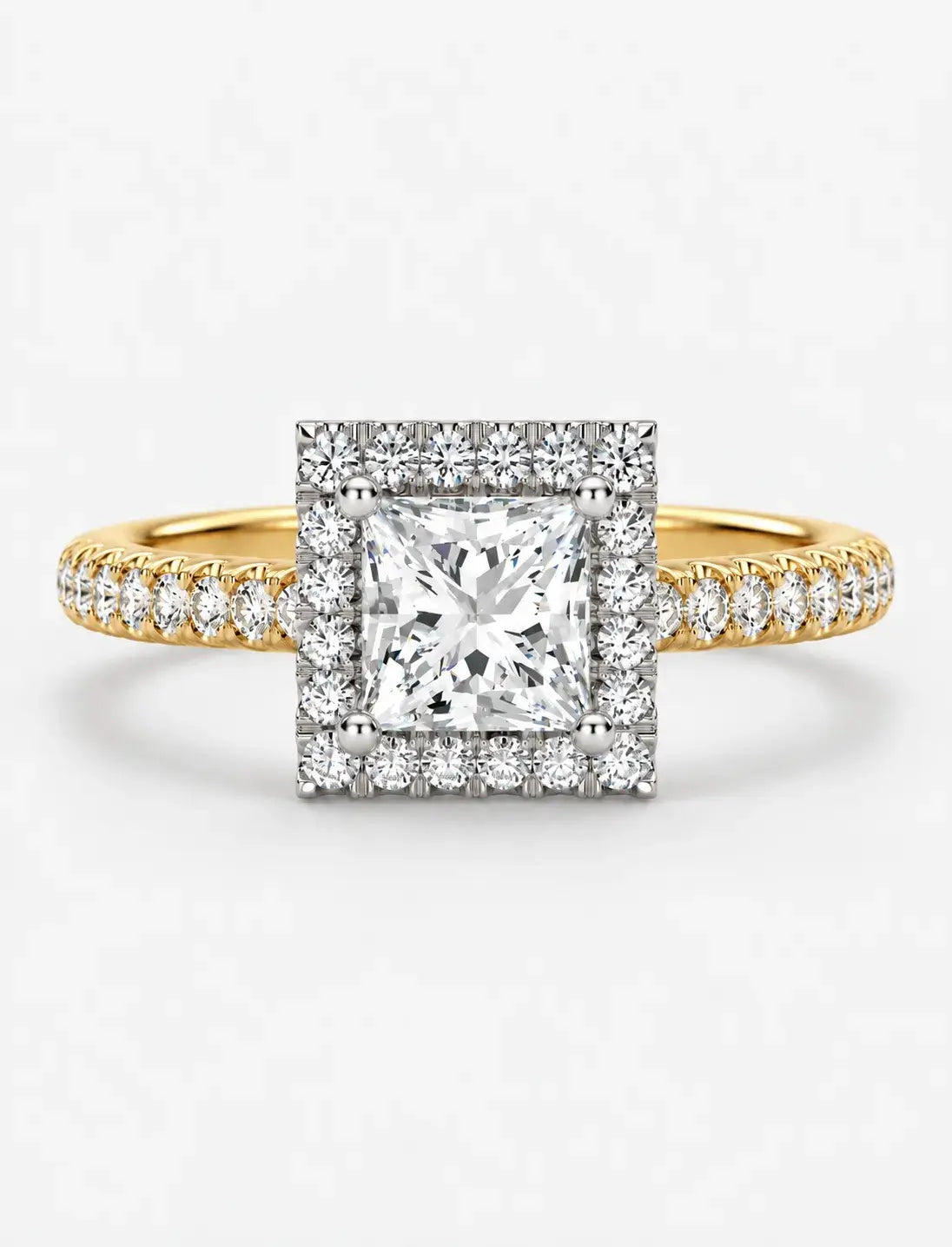 Lab Grown IGI Certified Princess-Cut Diamond Square Halo Engagement Ring with Round Pavé Diamonds in Gold & Platinum