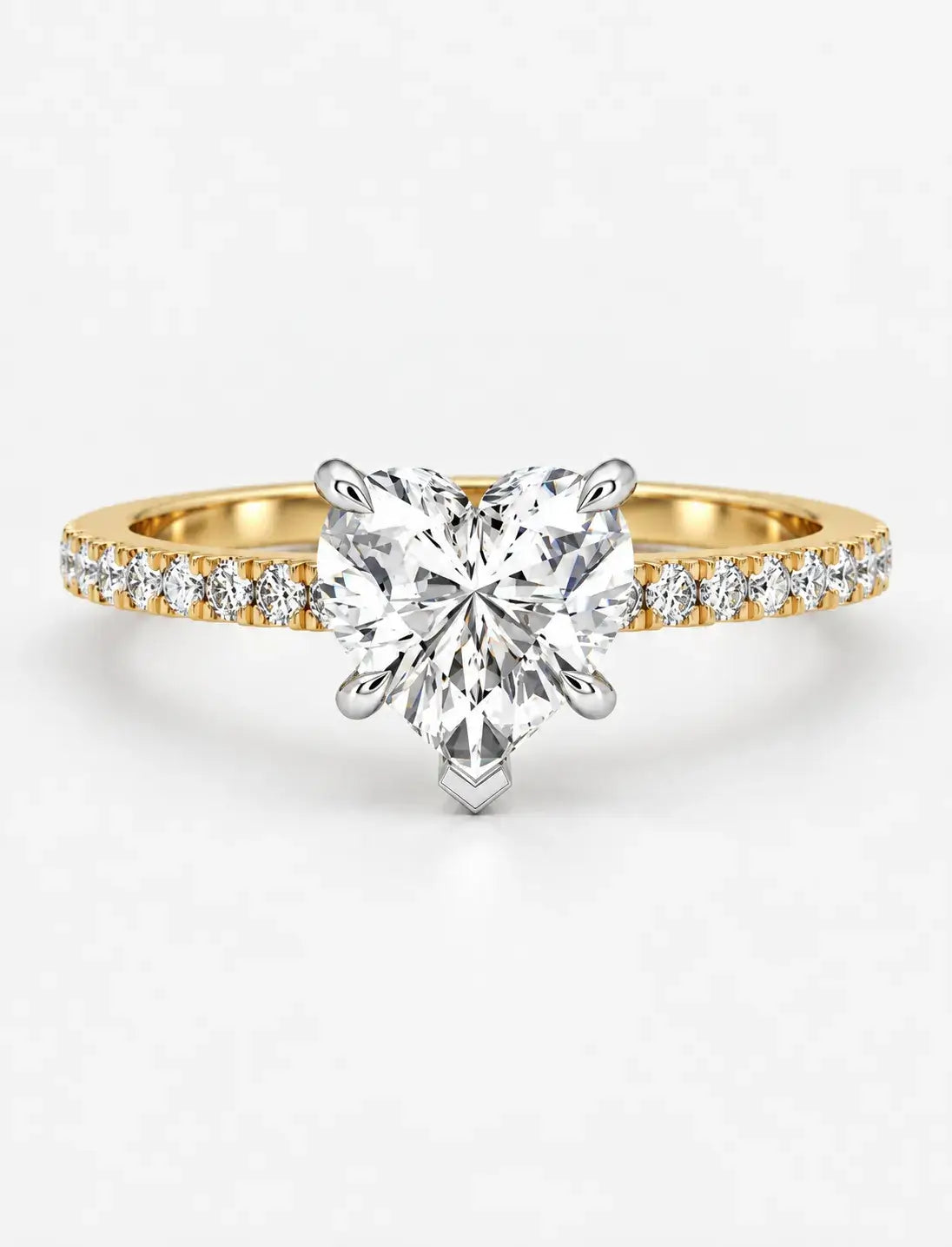 IGI Certified Lab Grown Heart-Cut Solitaire Diamond Engagement Ring with a Pavé Diamond Band in Gold & Platinum