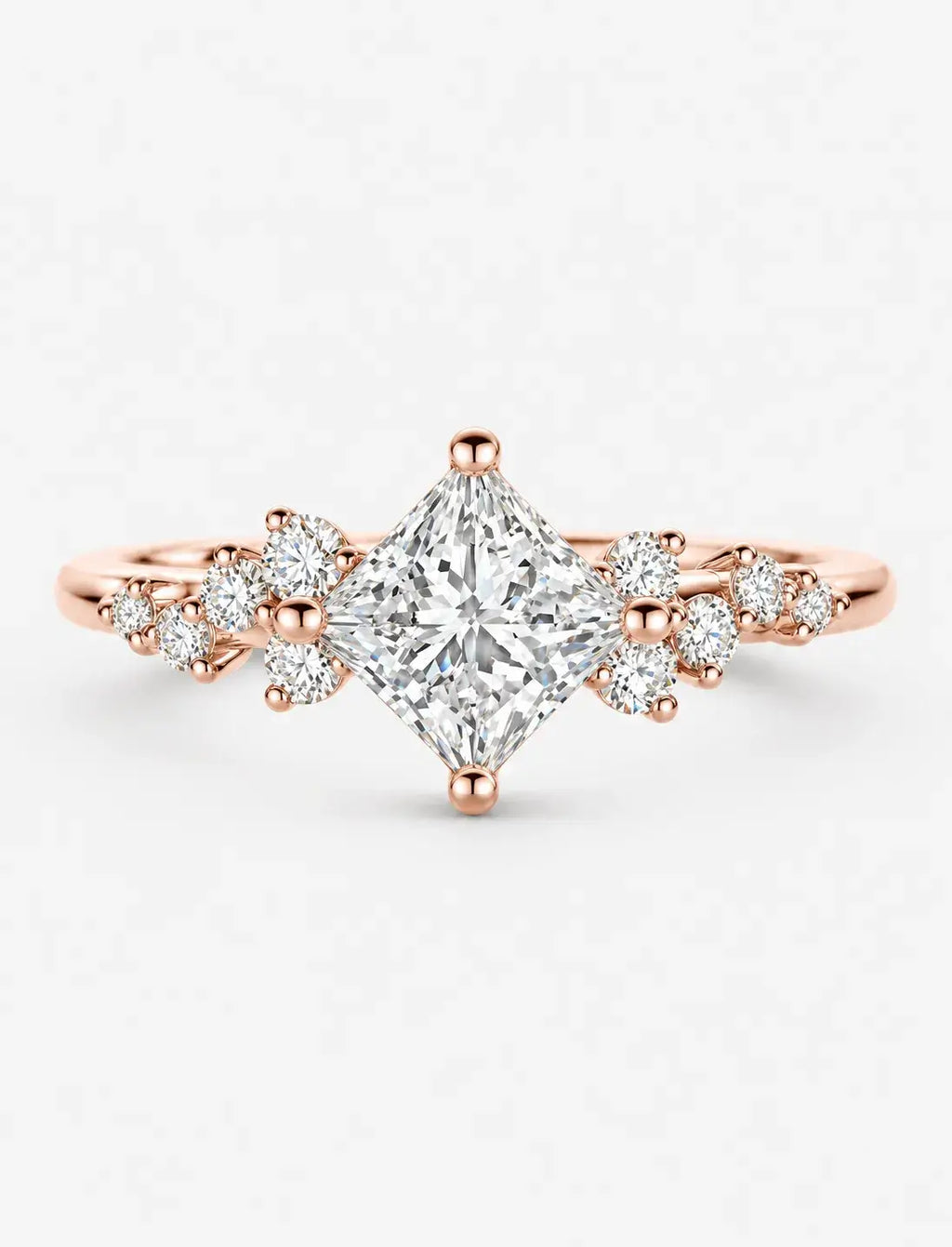 Lab Grown IGI Certified Compass-Set Princess-Cut Diamond Engagement Ring with Asymmetrical Cluster Accents in Gold & Platinum