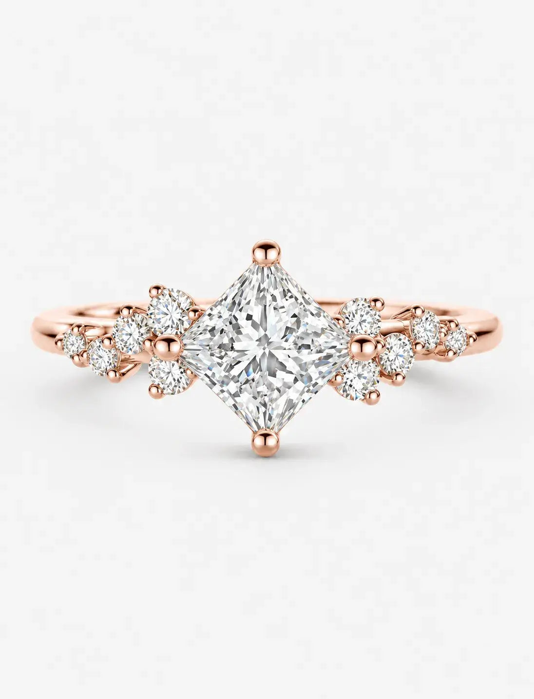 Lab Grown IGI Certified Compass-Set Princess-Cut Diamond Engagement Ring with Asymmetrical Cluster Accents in Gold & Platinum