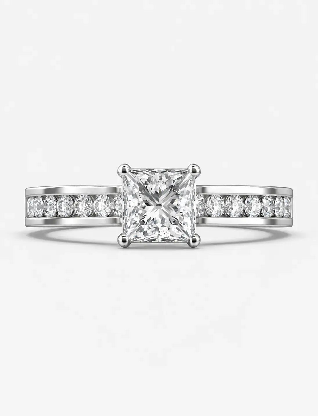 Lab Grown IGI Certified Classic Empress Princess-Cut Diamond Engagement Ring with Channel-Set Round Side Diamonds in Gold & Platinum