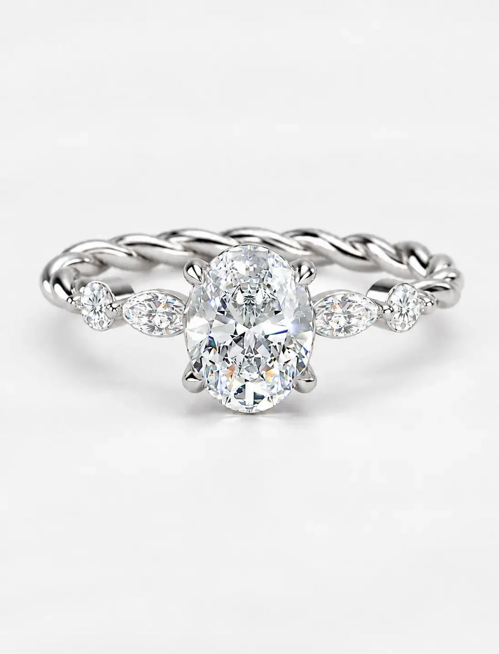 IGI Certified Lab Grown Versailles-Inspired Oval Solitaire Ring with Marquise & Round Diamond Side Stones in Gold & Platinum