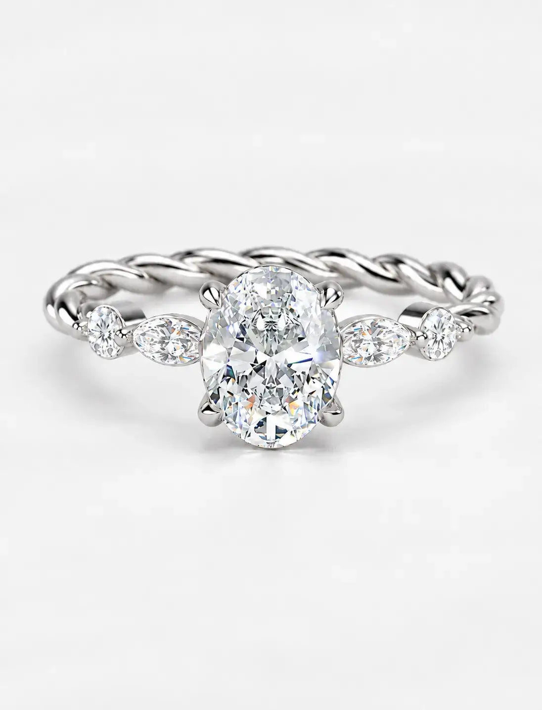 IGI Certified Lab Grown Versailles-Inspired Oval Solitaire Ring with Marquise & Round Diamond Side Stones in Gold & Platinum