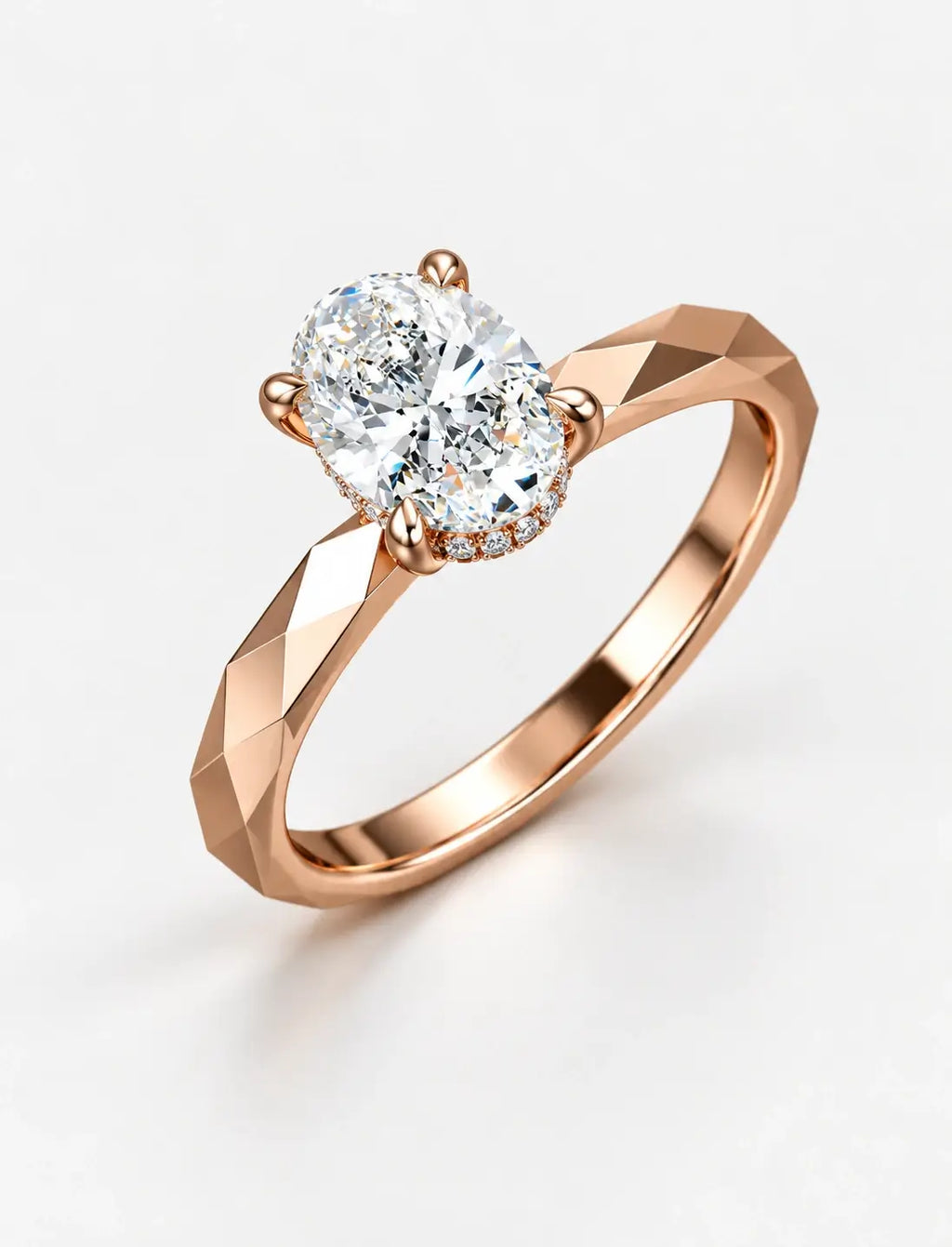 IGI Certified Lab Grown Oval Diamond Geometric Faceted Solitaire Engagement Ring in Gold & Platinum