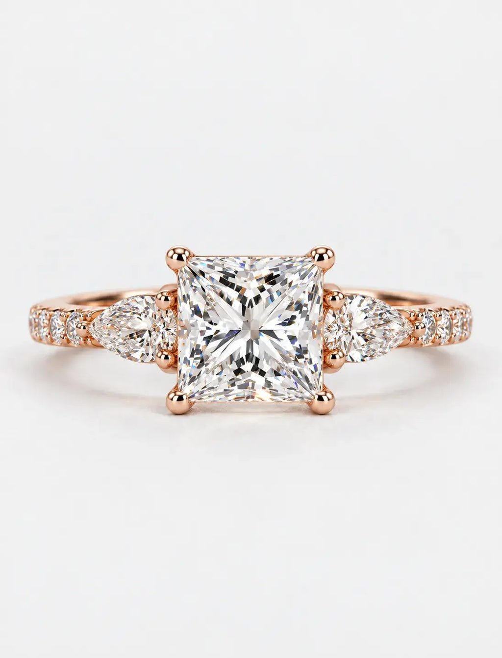 Lab Grown IGI Certified Princess-Cut Three-Stone Engagement Ring with Pear-Cut Side Accents and Pavé Band in Gold & Platinum