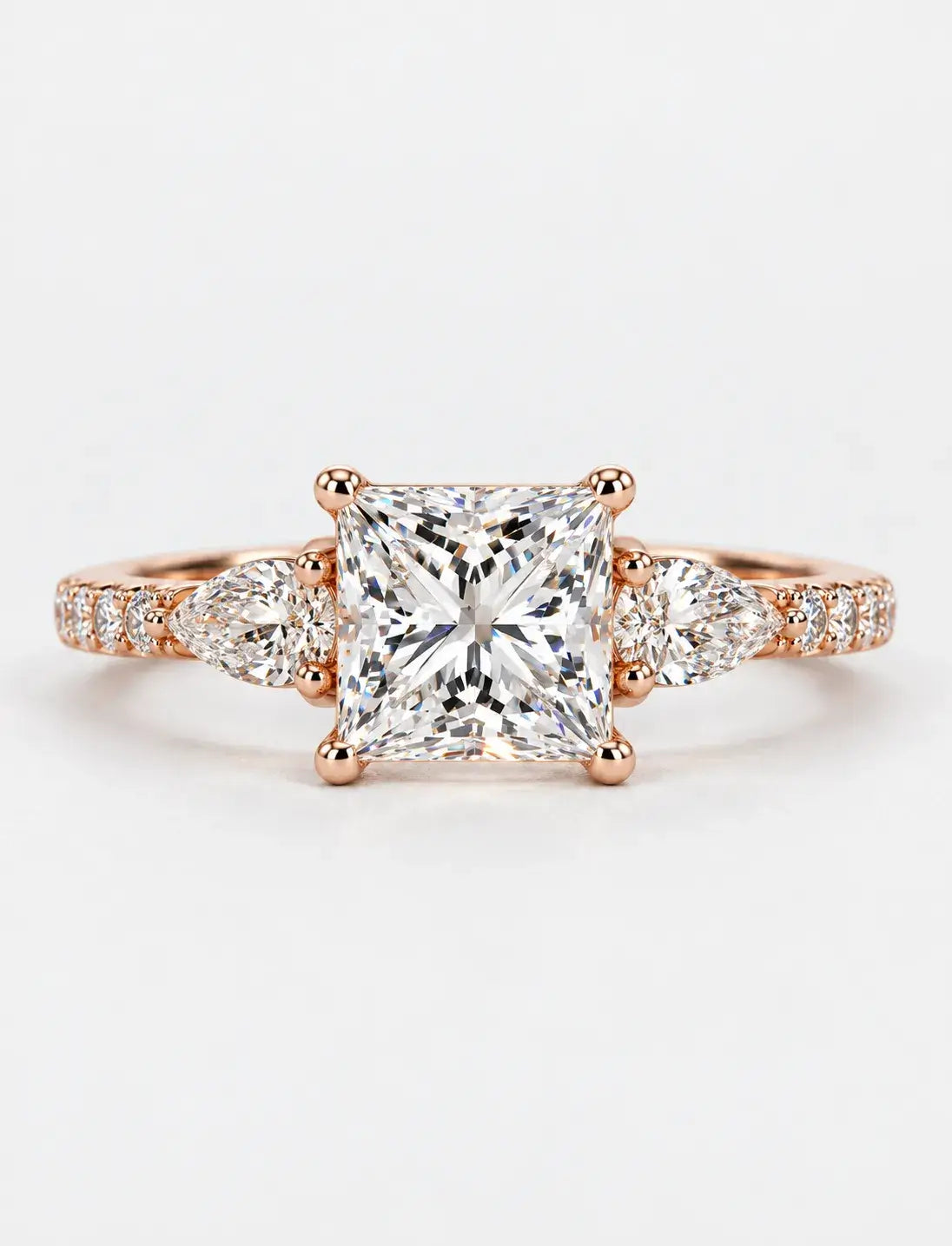 Lab Grown IGI Certified Princess-Cut Three-Stone Engagement Ring with Pear-Cut Side Accents and Pavé Band in Gold & Platinum