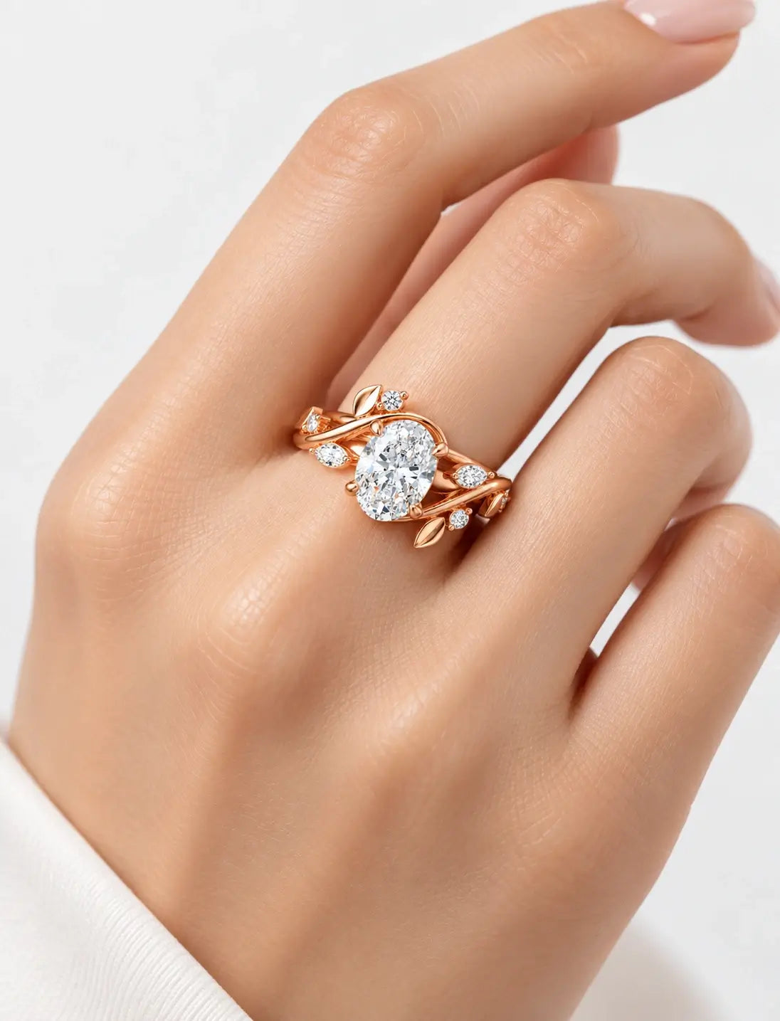IGI Certified Lab Grown Round Brilliant Diamond Engagement Ring with Marquise Leaf & Round Accents in Gold & Platinum