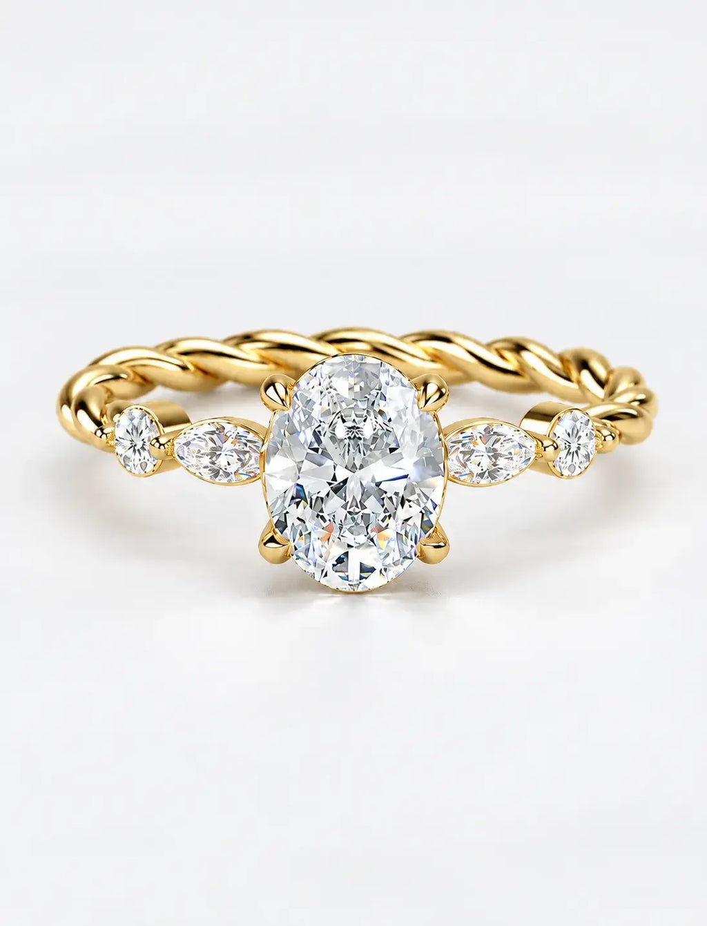IGI Certified Lab Grown Versailles-Inspired Oval Solitaire Ring with Marquise & Round Diamond Side Stones in Gold & Platinum