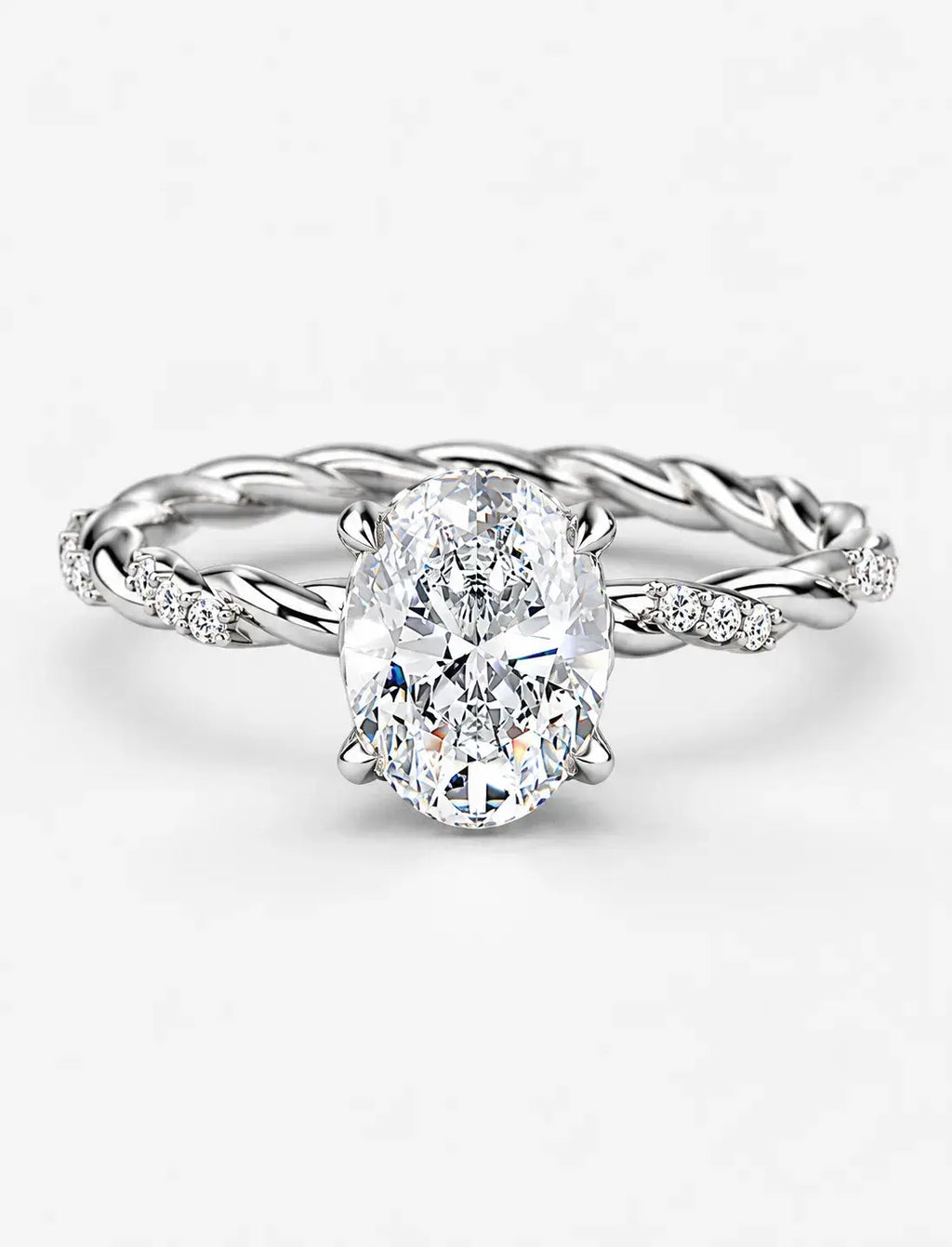 IGI Certified Lab Grown Oval Cut Solitaire Engagement Ring with a Twisted Pavé Band in Gold & Platinum