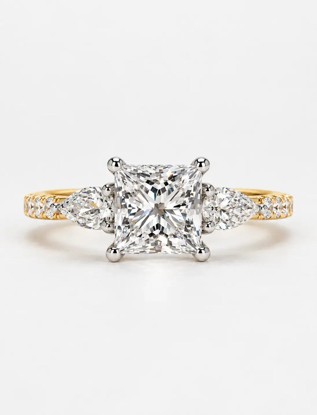 Lab Grown IGI Certified Princess-Cut Three-Stone Engagement Ring with Pear-Cut Side Accents and Pavé Band in Gold & Platinum