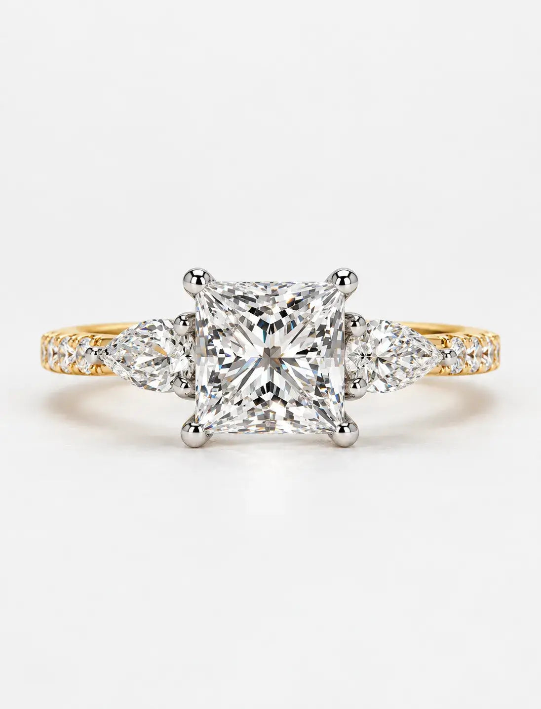 Lab Grown IGI Certified Princess-Cut Three-Stone Engagement Ring with Pear-Cut Side Accents and Pavé Band in Gold & Platinum