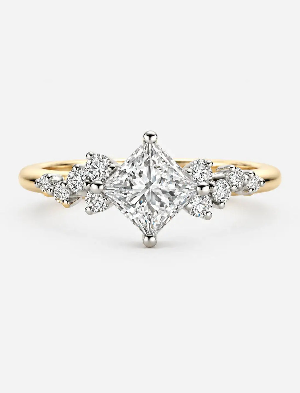 Lab Grown IGI Certified Compass-Set Princess-Cut Diamond Engagement Ring with Asymmetrical Cluster Accents in Gold & Platinum