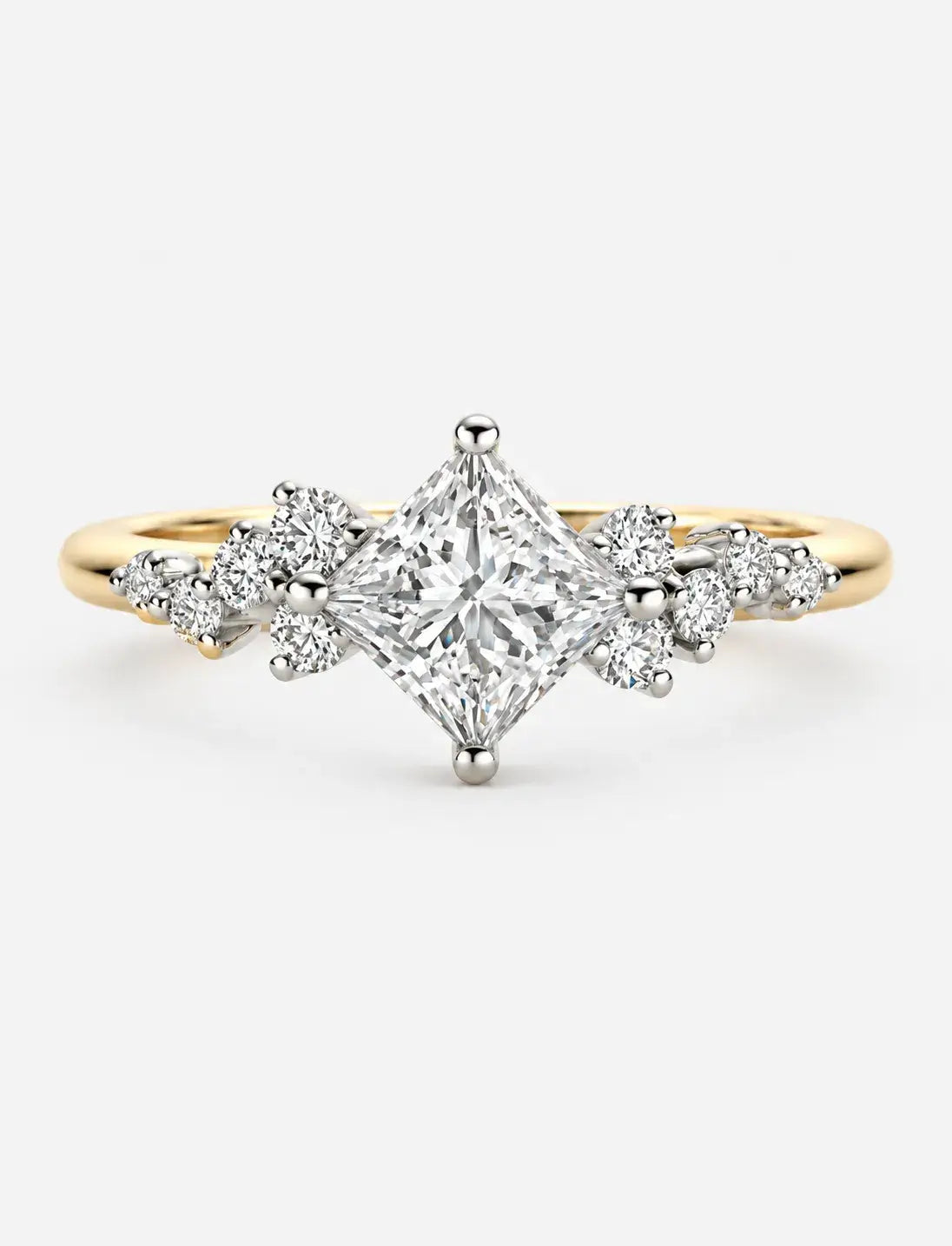 Lab Grown IGI Certified Compass-Set Princess-Cut Diamond Engagement Ring with Asymmetrical Cluster Accents in Gold & Platinum