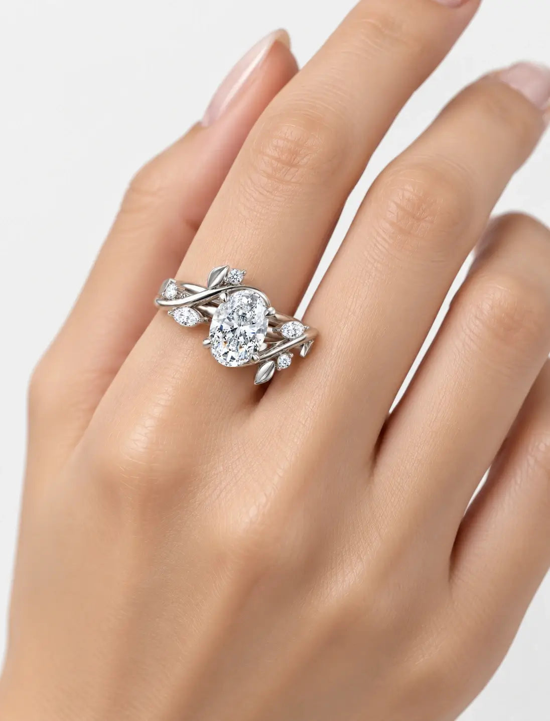 IGI Certified Lab Grown Round Brilliant Diamond Engagement Ring with Marquise Leaf & Round Accents in Gold & Platinum