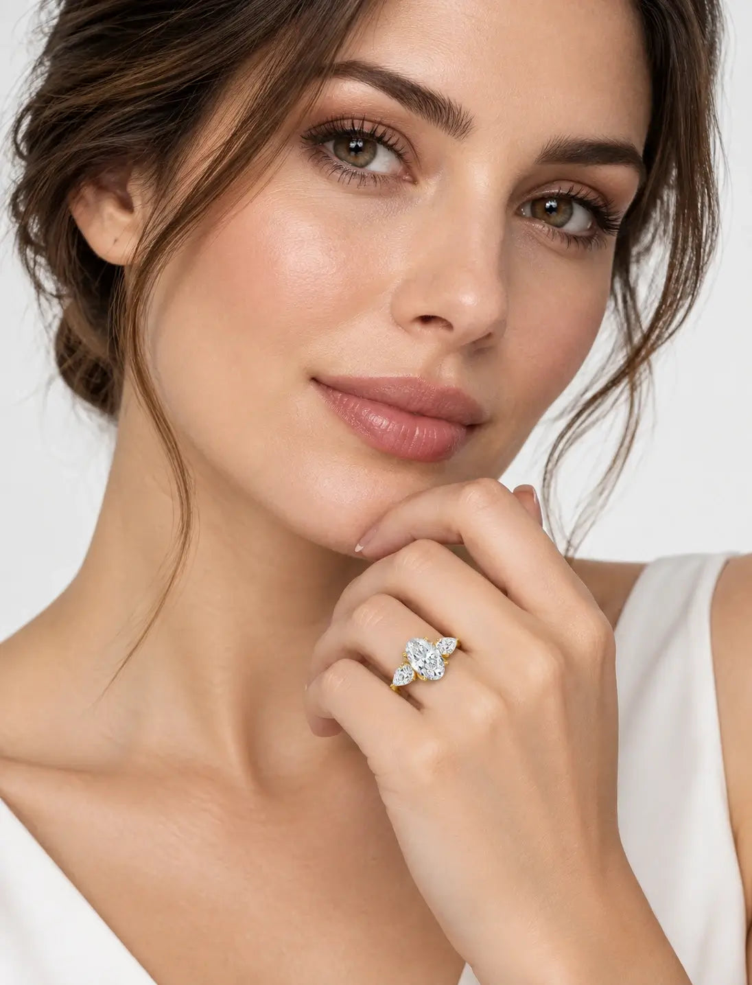 IGI Certified Lab Grown Oval Cut Three-Stone Diamond Engagement Ring with Pear Side Stones in Gold & Platinum