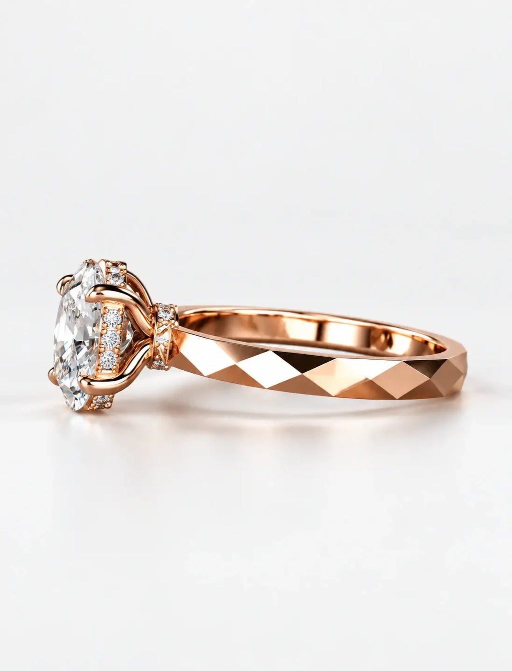IGI Certified Lab Grown Oval Diamond Geometric Faceted Solitaire Engagement Ring in Gold & Platinum