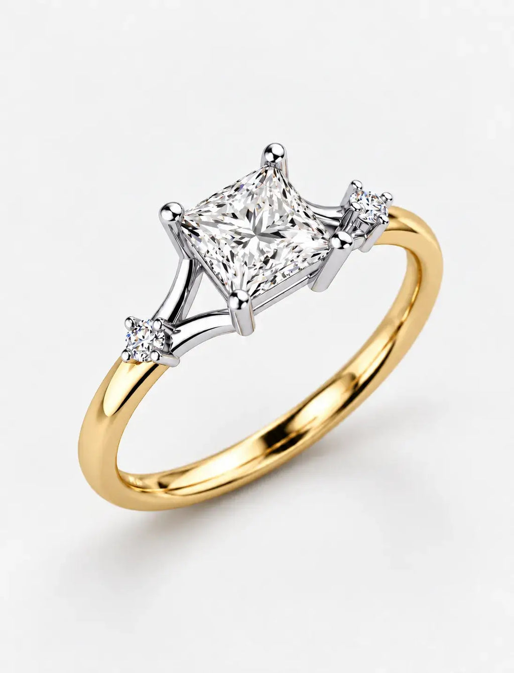 Lab Grown IGI Certified Kite-Set Princess-Cut Split-Shank Three-Stone Engagement Ring in Gold & Platinum