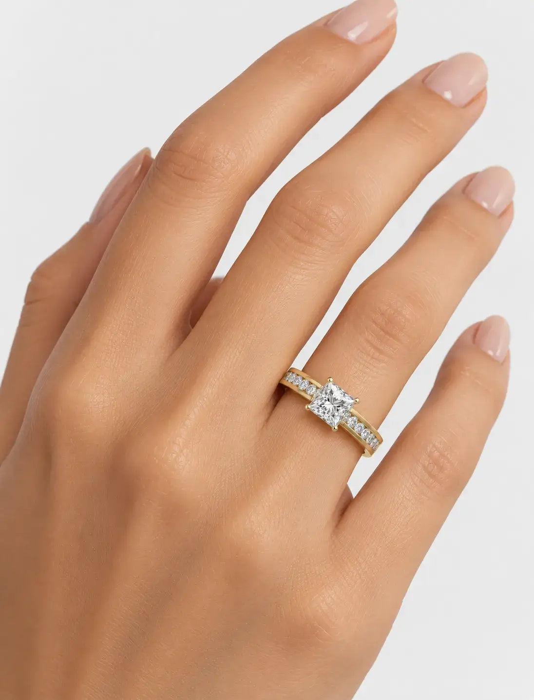 Lab Grown IGI Certified Classic Empress Princess-Cut Diamond Engagement Ring with Channel-Set Round Side Diamonds in Gold & Platinum