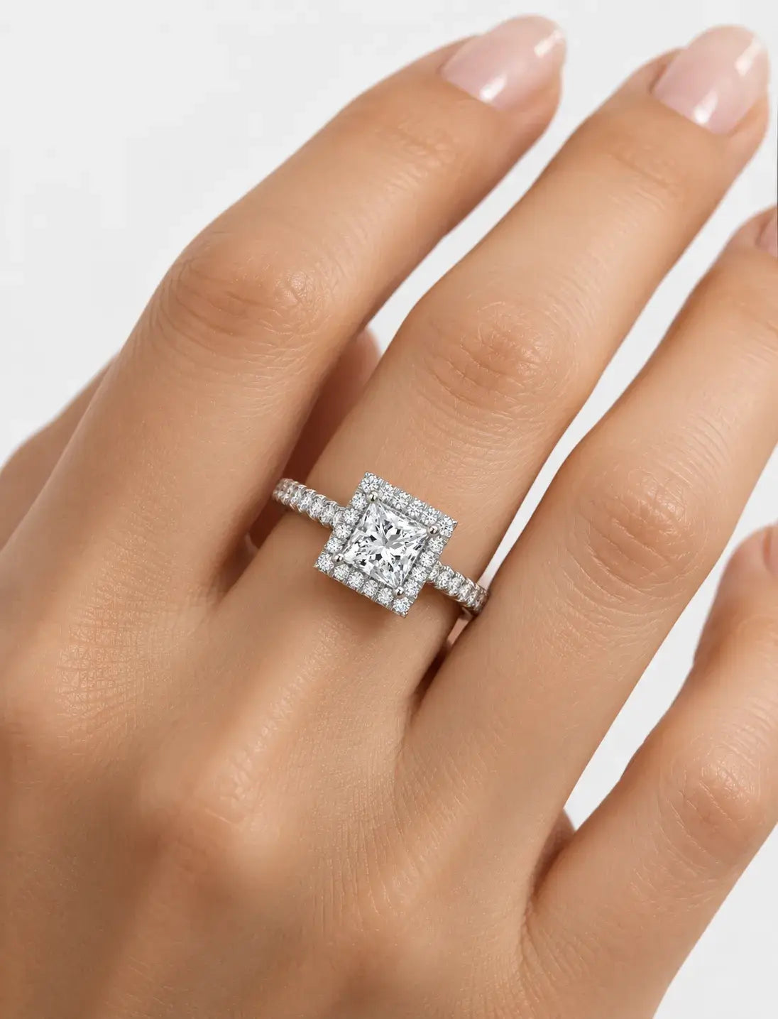 Lab Grown IGI Certified Princess-Cut Diamond Square Halo Engagement Ring with Round Pavé Diamonds in Gold & Platinum