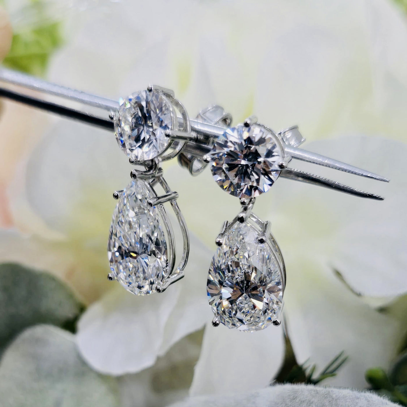 IGI Certified 14.14 Carat Pear & Round Diamond Drop and Dangle Earrings in Platinum