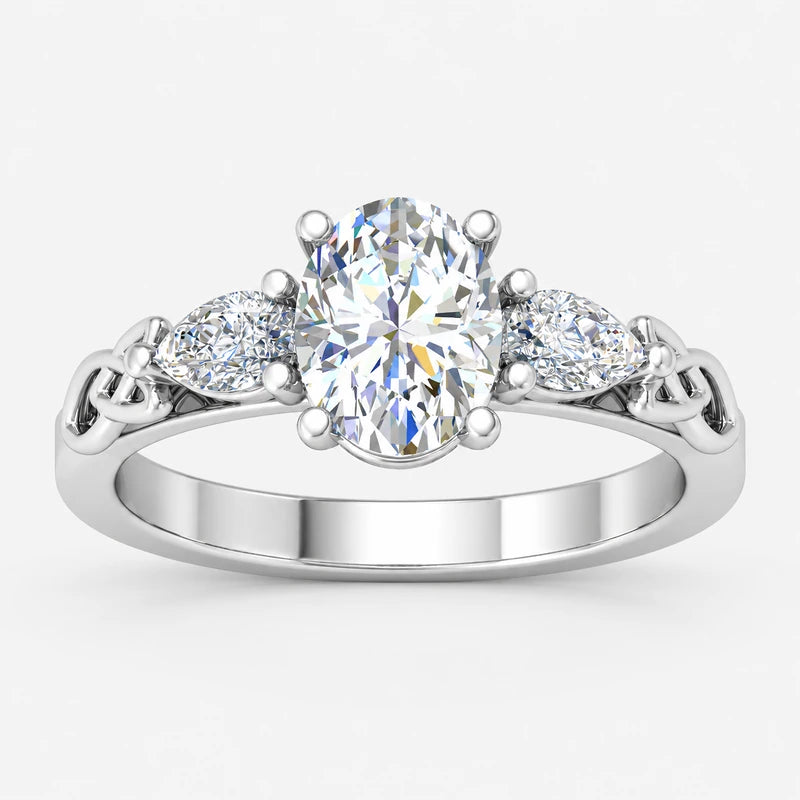 IGI Certified Oval-Cut Three-Stone Celtic Knot Engagement Ring with Pear Side Diamonds in Platinum & Gold