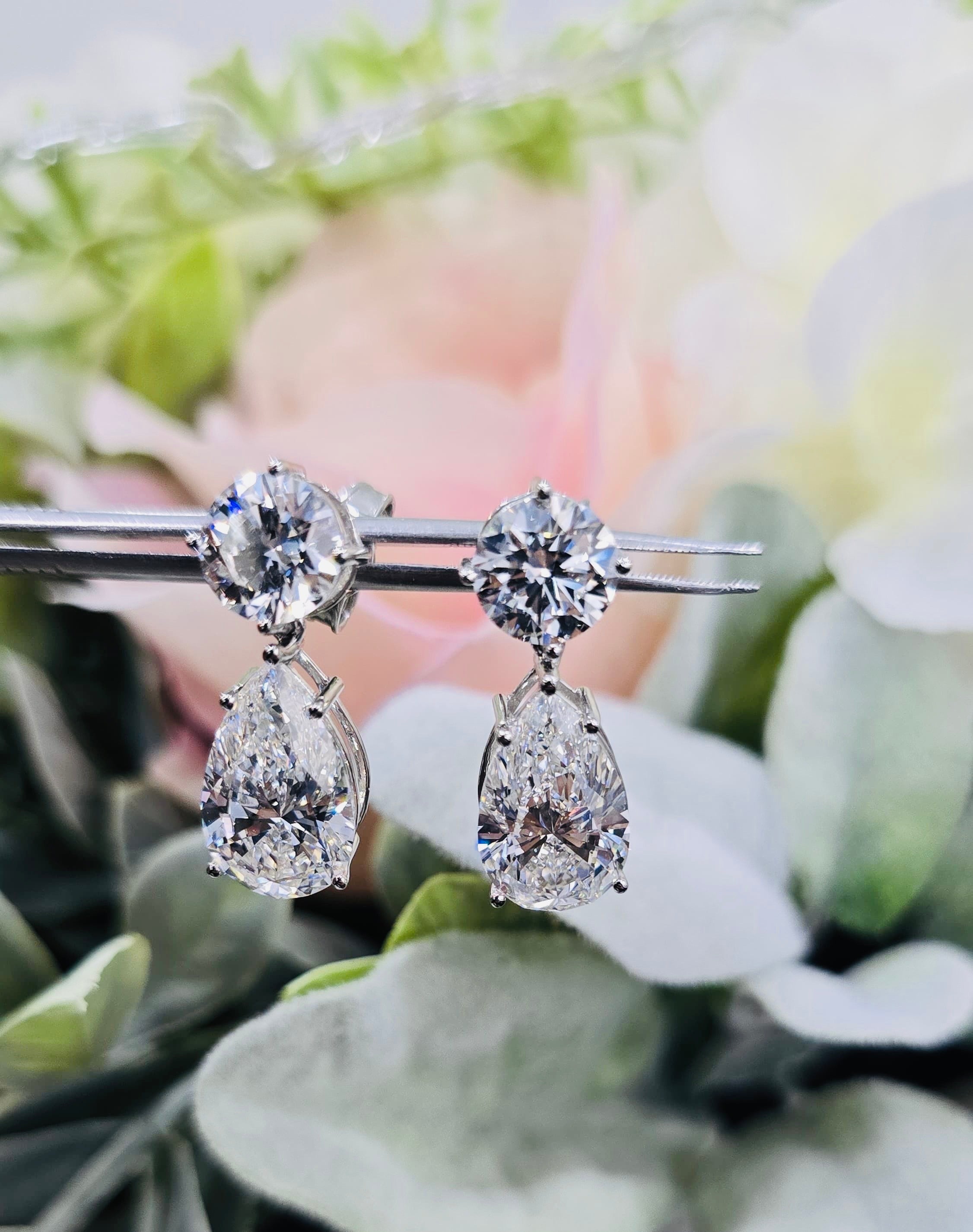 IGI Certified 14.00 Carat Pear & Round Diamond Drop and Dangle Earrings in Platinum