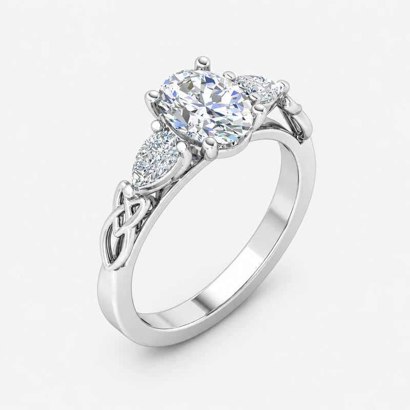 IGI Certified Oval-Cut Three-Stone Celtic Knot Engagement Ring with Pear Side Diamonds in Platinum & Gold